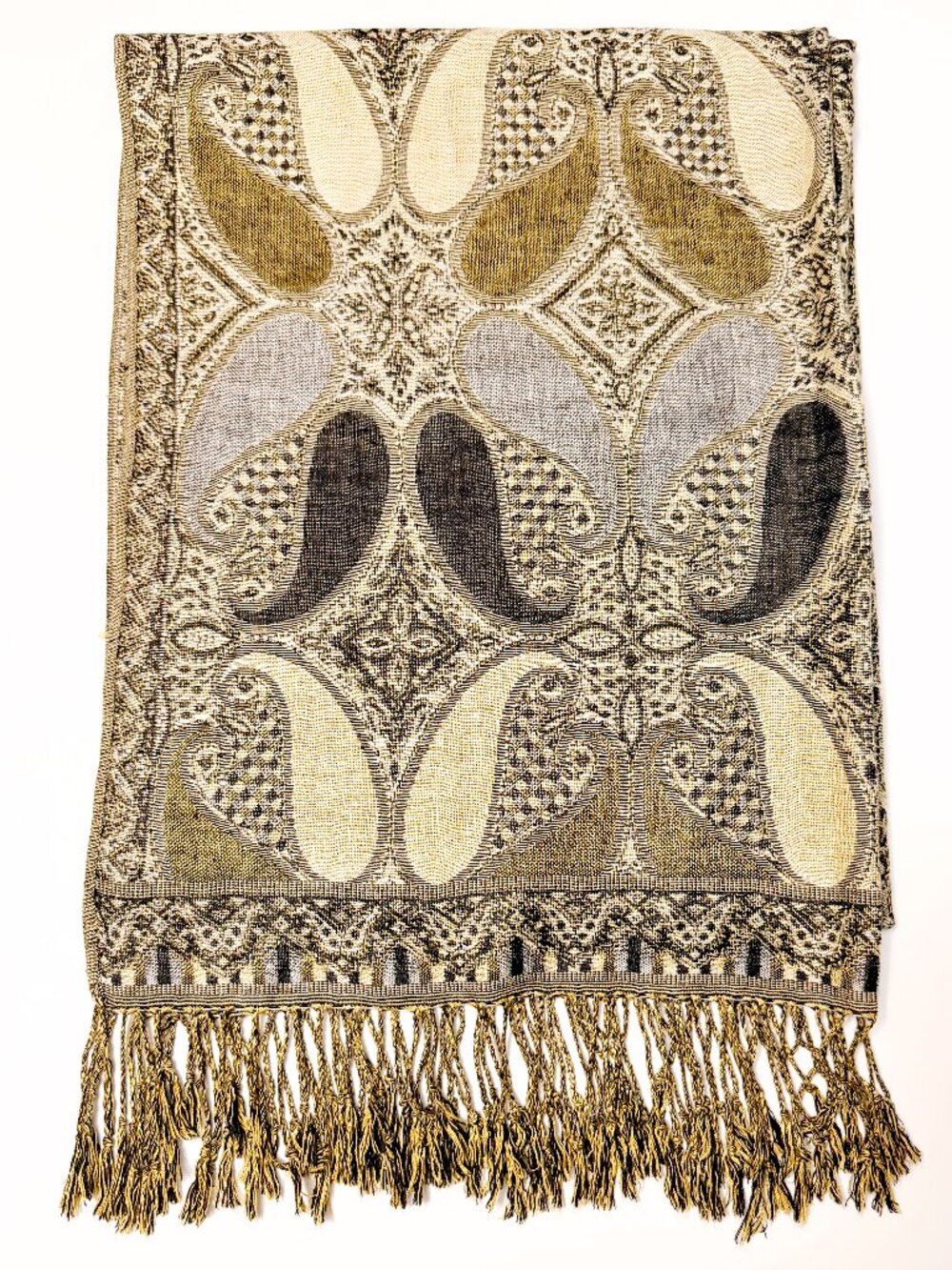 Vintage Paisley Pashmina Scarf Fringe Wrap Shawl Olive Gold